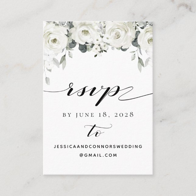 Visita Tarjeta de detalles RSVP de White Peony Greenery O (Anverso)