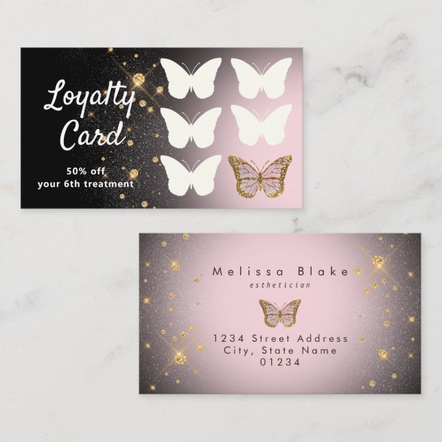 Visita tarjeta de fidelidad purpurina mariposa (Anverso / Reverso)