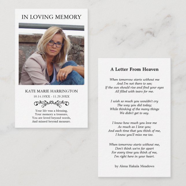 Visita Tarjeta de funeral con foto memorial simple (Anverso / Reverso)