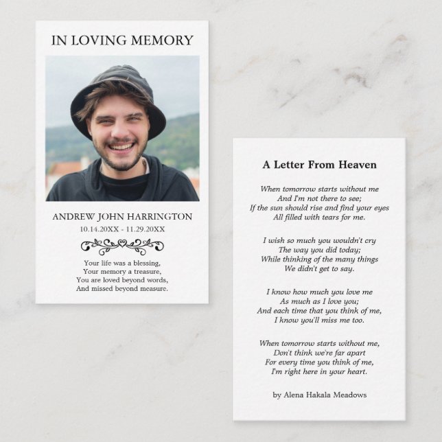 Visita Tarjeta de funeral con foto memorial simple (Anverso / Reverso)