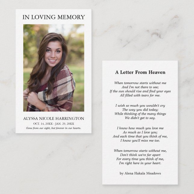 Visita Tarjeta de funeral con foto memorial simple (Anverso / Reverso)