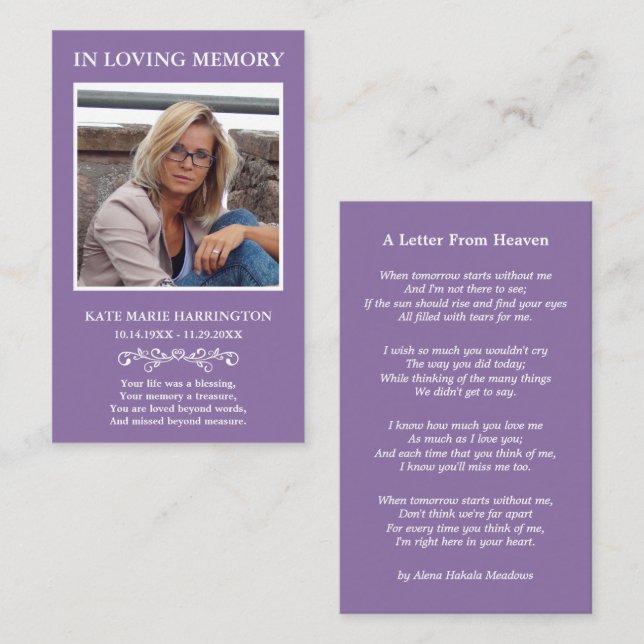 Visita Tarjeta de funeral con foto memorial simple (Anverso / Reverso)