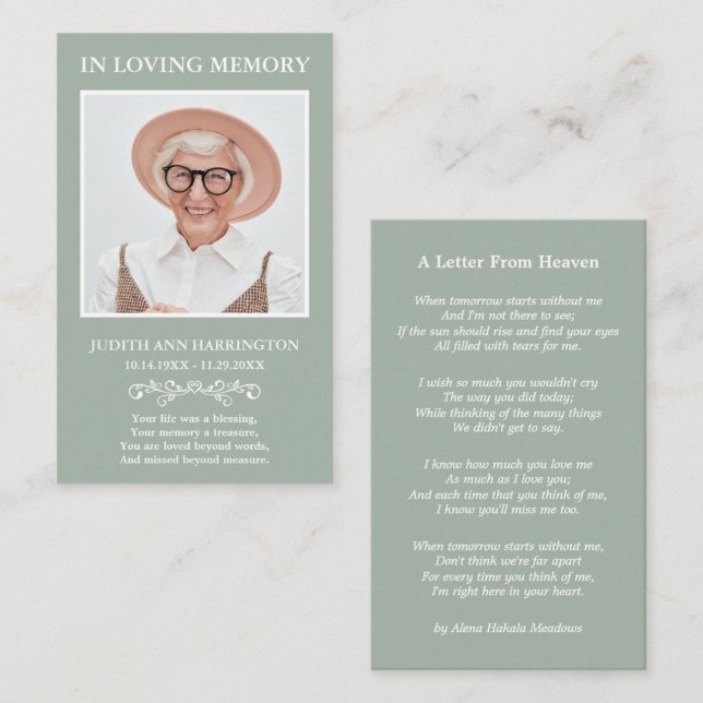 Visita Tarjeta de funeral con foto memorial simple (Anverso / Reverso)