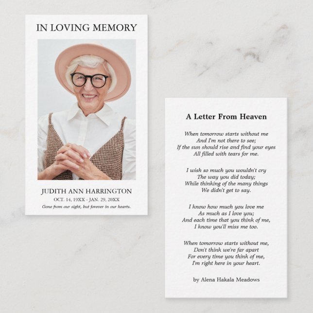 Visita Tarjeta de funeral con foto memorial simple (Anverso / Reverso)