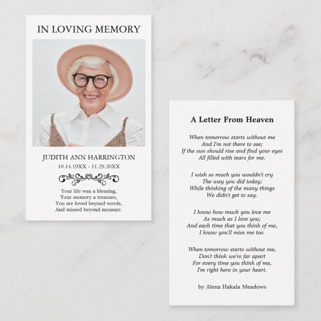 Visita Tarjeta de funeral con foto memorial simple (Anverso / Reverso)