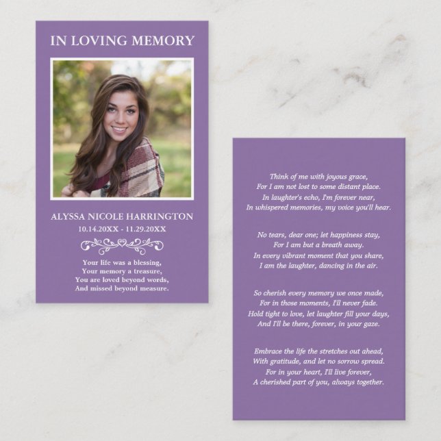 Visita Tarjeta de Funeral de Foto Moderna Simple (Anverso / Reverso)
