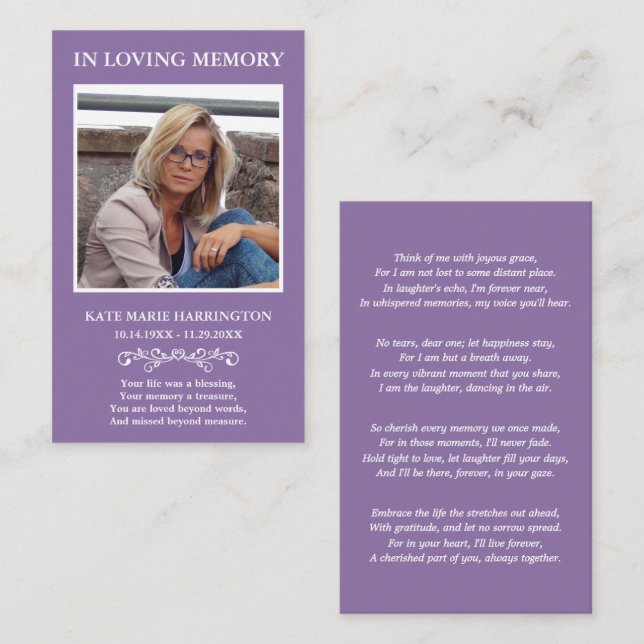 Visita Tarjeta de Funeral de Foto Moderna Simple (Anverso / Reverso)