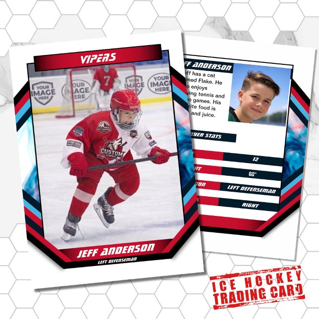 Visita Tarjeta de Hockey sobre Hielo en Rojo Azul Blanco  (Ice Hockey Trading Card: Dynamic design, bold colors. Ideal gift for young hockey fans!)