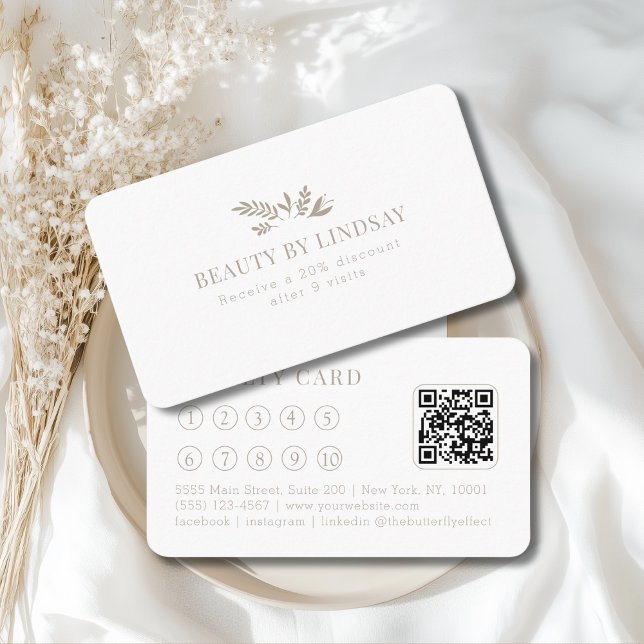 Visita Tarjeta de Lealtad con Código QR de Botánica Blanc (Minimal White Botanical Salon QR-Code Loyalty Business Card)