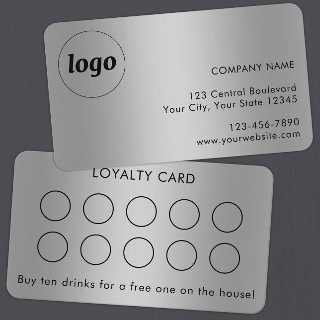 Visita Tarjeta de Lealtad de Cliente con Logo y Texto Sim (Simple logo with custom text business branding promotional customer loyalty card with silver effect)