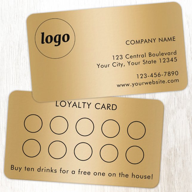 Visita Tarjeta de Lealtad de Cliente con Logo y Texto Sim (Simple logo with custom text business branding promotional faux gold metallic customer loyalty card)