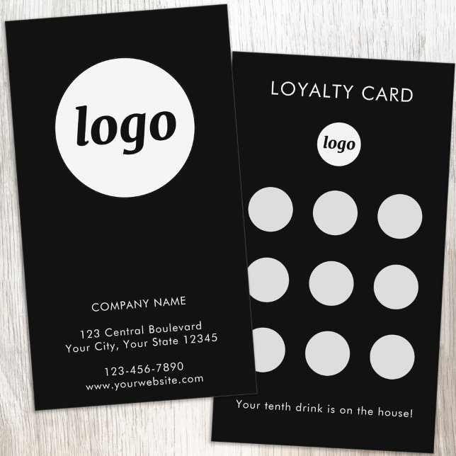 Visita Tarjeta de Lealtad de Cliente Negra con Logo y Tex (Simple logo with custom text business branding promotional customer loyalty card)