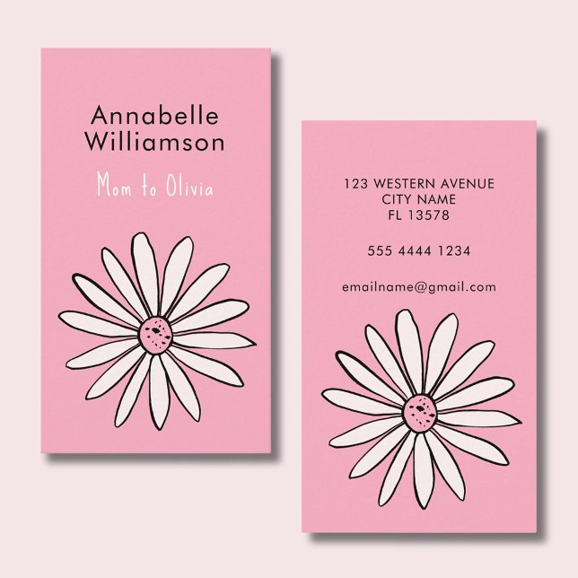 Visita Tarjeta de llamada de Mami Daisy Pink (Mommy calling card with cute daisy & pink background. Perfect for playdates & parent networking.)