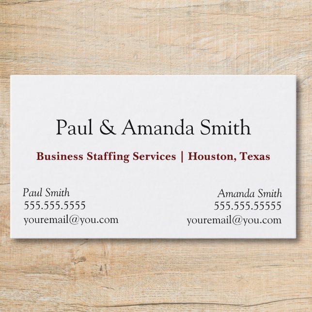 Visita Tarjeta De Negocio Moderna Sencilla Con 2 Nombres  (business card with slot for two names professional black and white with maroon text, two contacts)
