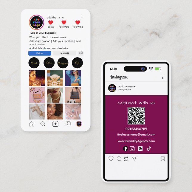 Visita Tarjeta de negocio personalizada de Instagram | QR (Anverso / Reverso)
