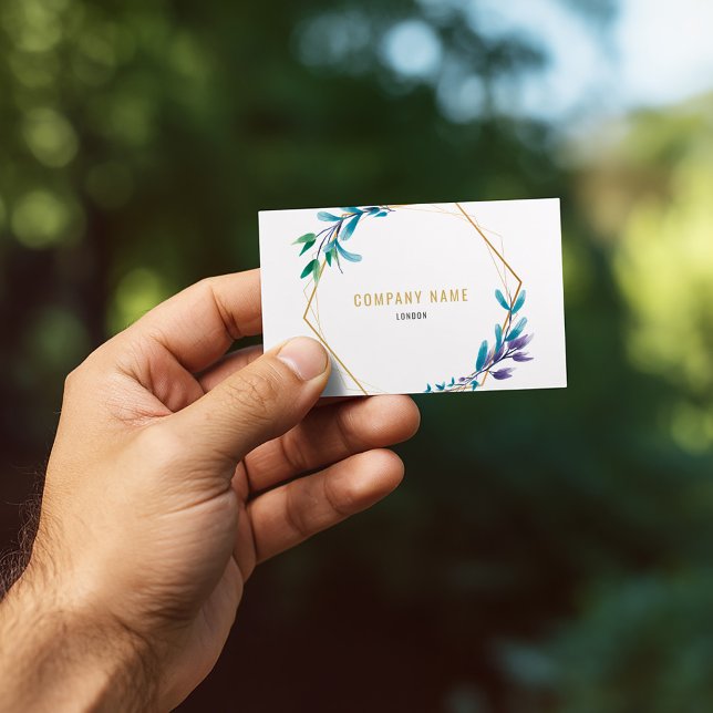 Visita Tarjeta de negocio social con flor de oro geométri (Elegant business card with gold geometric frame and watercolor botanical accents.)