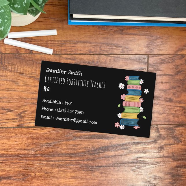 Visita Tarjeta De Negocios De Profesor Sustituto Libros F (Faux chalkboard , books and flowers educator standard business card .)