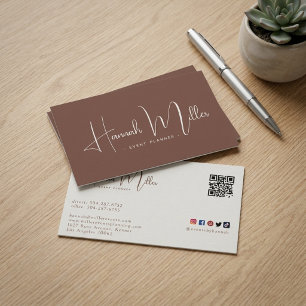 Visita Tarjeta de Negocios QR Marrón Script Elegante