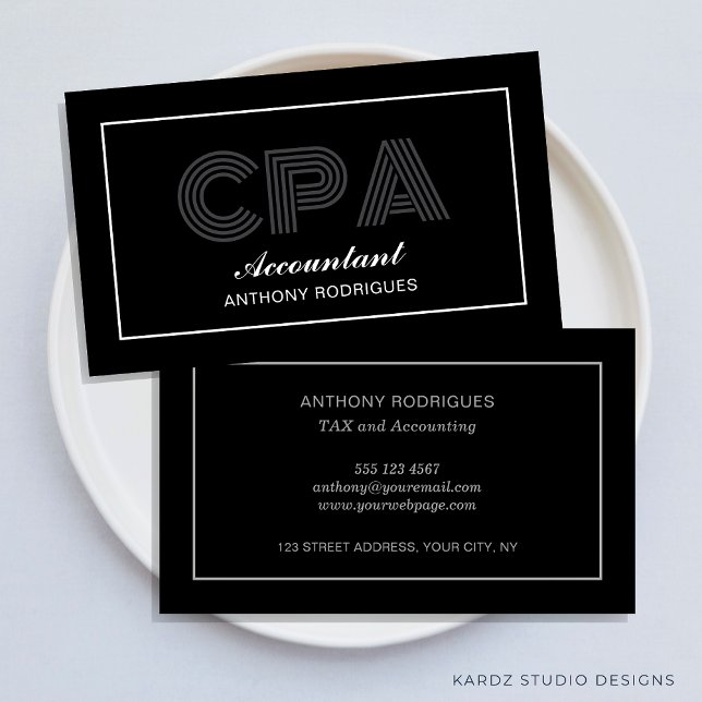 Visita Tarjeta de Negra de Contador Elegante Moderno (Accountant business cards shown in 3.5 x 2 inch. size, more sizes and colors are available.)
