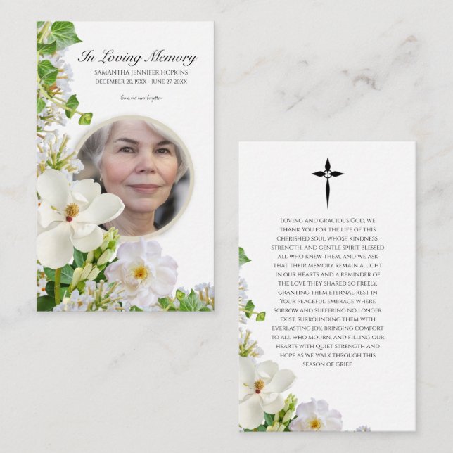 Visita Tarjeta de Oración Memorial con Flores Blancas (Anverso / Reverso)