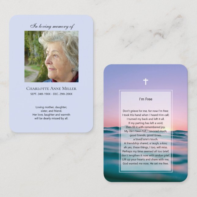 Visita Tarjeta de oración memorial de foto Estoy Libre (Anverso / Reverso)