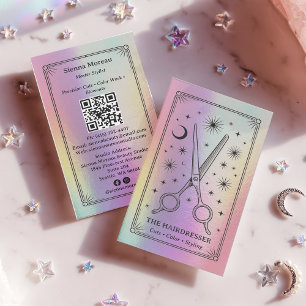 Visita Tarjeta de peluquería celeste retro holográfica QR