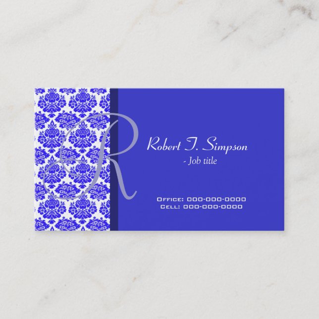 Visita tarjeta de presentación azul de damasco elegante (Anverso)