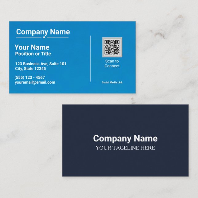Visita Tarjeta de presentación azul moderna con código QR (Anverso / Reverso)