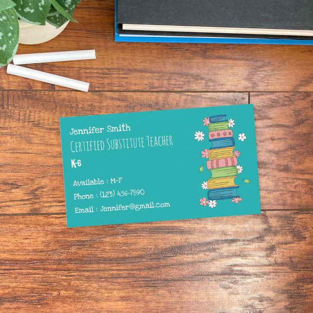 Visita Tarjeta de presentación azul turquesa de profesora (Substitute teacher standard business card with watercolor books and little flowers . )
