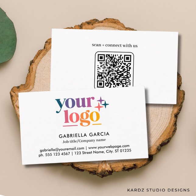 Visita Tarjeta de presentación blanca con código QR de Lo (Add your logo, name and title, contact info and enter URL to create QR Code on the back.)