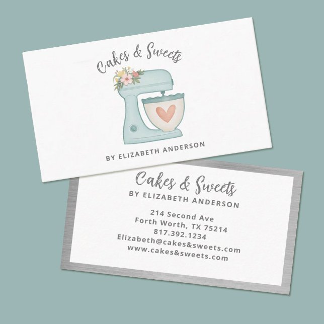 Visita Tarjeta de presentación Blue Floral Cake Mixery Ba (A pretty blue mixer decorates this bakery business card.)