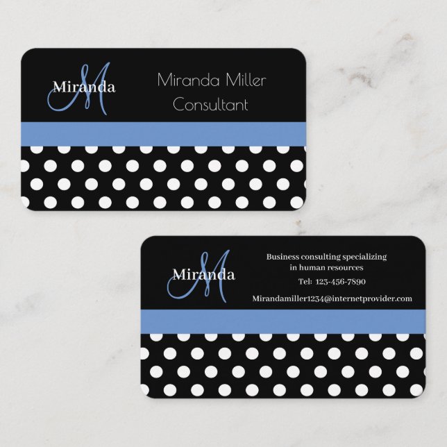 Visita Tarjeta de presentación Blue Monogram Black Polka  (Anverso / Reverso)