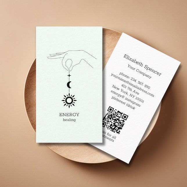 Visita Tarjeta de presentación código QR verde sol luna (Green Hand Sun Moon Illustration QR Code Business Card. Modern Whimsical. )