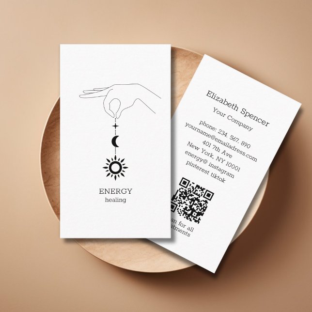 Visita Tarjeta de presentación con código QR blanco de so (White Hand Sun Moon Illustration QR Code Business Card. Modern Whimsical. )