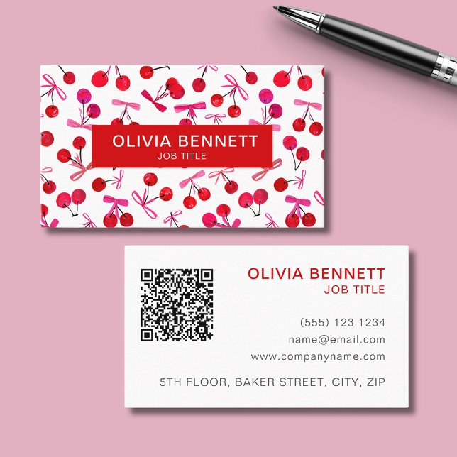 Visita Tarjeta de presentación con código QR de cereza y  (Cherry and pink bow cute illustrated professional business cards with custom text and QR code.)