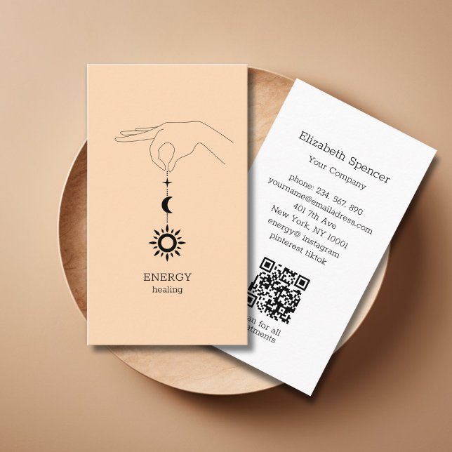 Visita Tarjeta de presentación con código QR de sol luna  (Peach Hand Sun Moon Illustration QR Code Business Card. Modern Whimsical. )