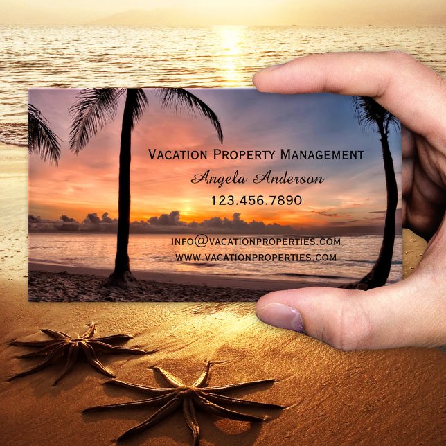 Visita Tarjeta de presentación de administración de propi (Business card showing a sunset at a tropical beach - travel agency - holiday rentals - vacation home)