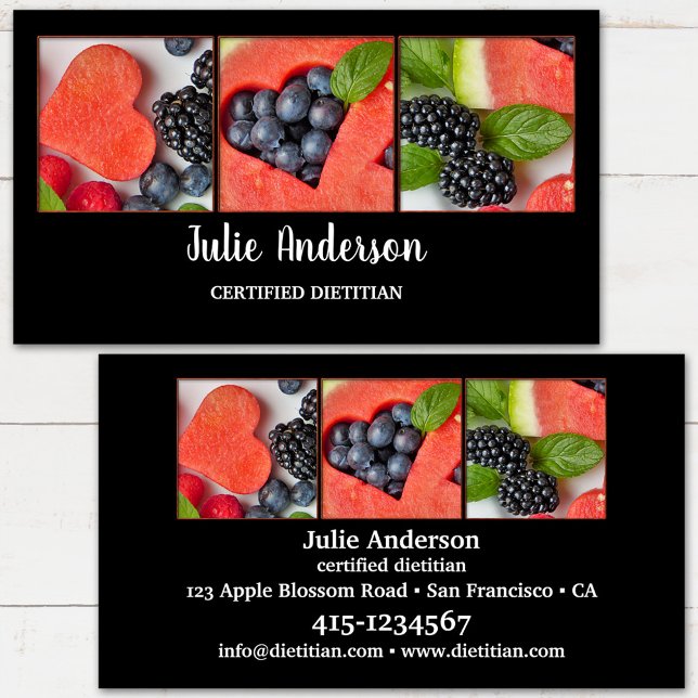 Visita Tarjeta de presentación de alimentos nutricionista (Business card for a nutritional therapist or professional dietitian featuring fresh fruits )