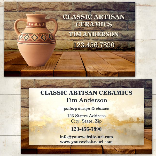 Visita Tarjeta de presentación de cerámica artesanal clás (Classic business card featuring a Roman urn on rustic wood - ceramic artist - pottery classes)