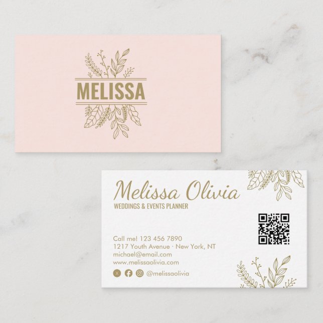 Visita Tarjeta de presentación de código QR de boda flora (Anverso / Reverso)