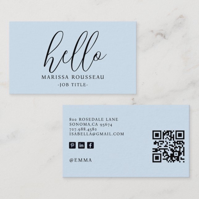 Visita Tarjeta de presentación de código QR de hola azul  (Anverso / Reverso)