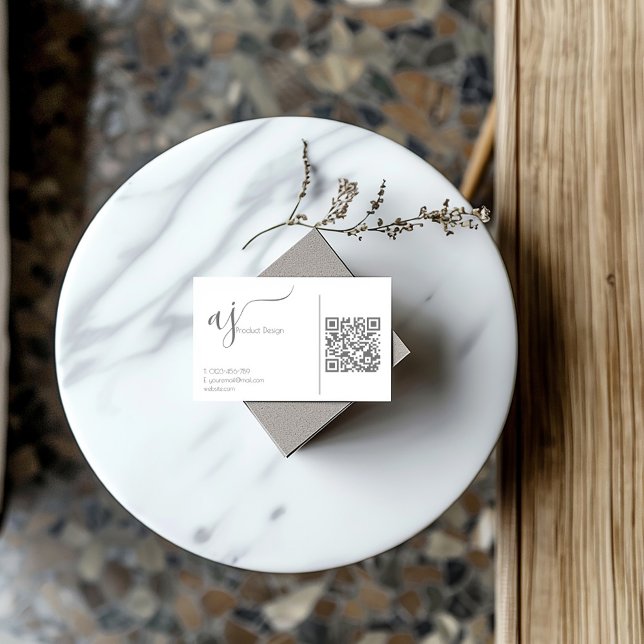 Visita Tarjeta de presentación de código QR en blanco y g (White and grey monogram QR code business card with space for your own QR code.)