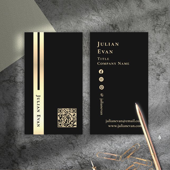 Visita Tarjeta de presentación de código QR en negro y or (Artistic Black & Gold Scannable QR code Business Card)