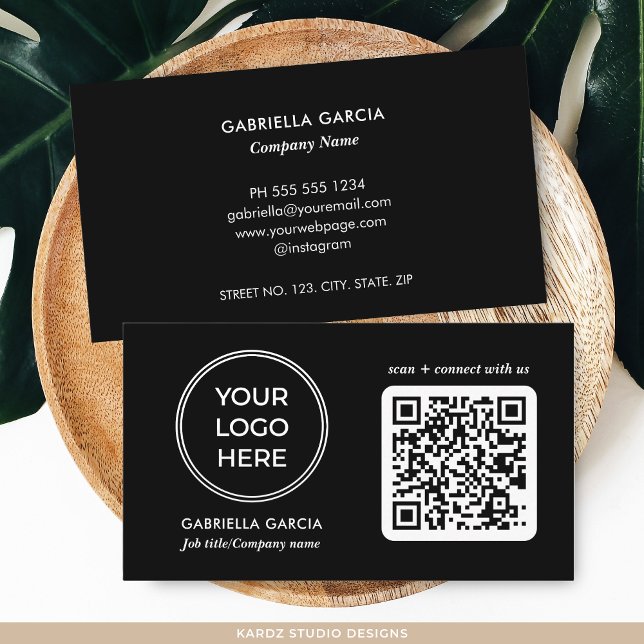 Visita Tarjeta de presentación de código QR negro moderno (Add your logo and business contact information. Enter URL to create QR Code)