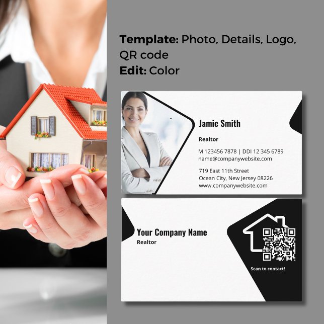 Visita Tarjeta de presentación de código QR para el react (Modern Black & White Realtor QR Code Business Card with Profile Photo)