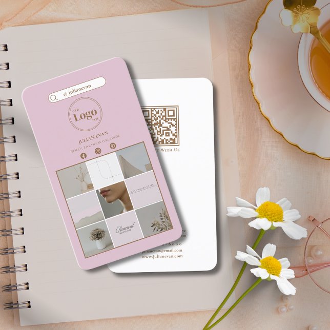 Visita Tarjeta de presentación de Collage de fotos rosa m (Modern Pink Instagram Photo Collage Business Card)