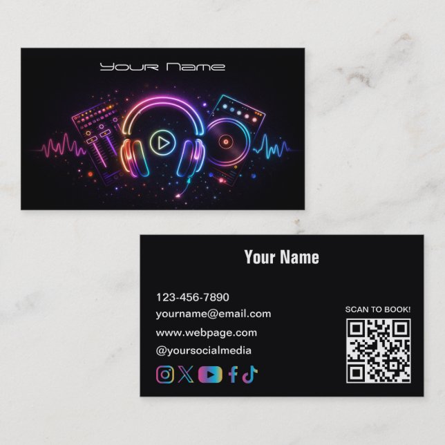 Visita Tarjeta de presentación de DJ de neón moderno (Anverso / Reverso)