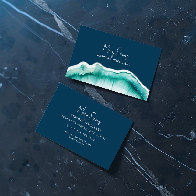 Visita Tarjeta de presentación de efecto ágata de lujo az (Display your name and business details proudly on this blue agate effect business card.)