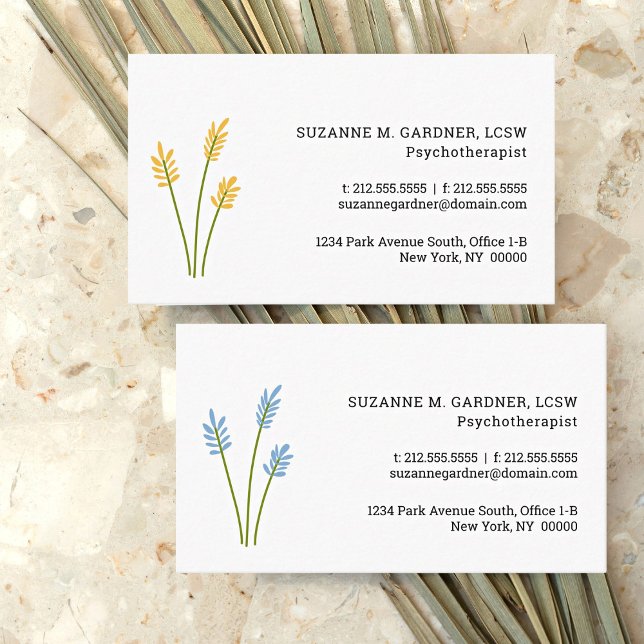 Visita Tarjeta de presentación de flores amarillas simple (Two therapist business cards with simple yellow or blue flowers.)