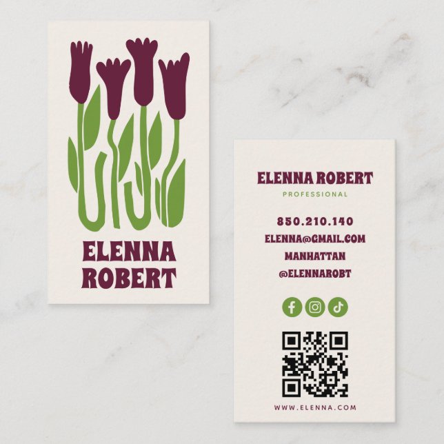 Visita tarjeta de presentación de flores boho groovy con  (Anverso / Reverso)
